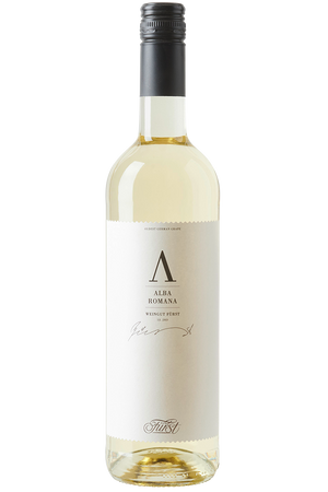 Eine Flasche deutscher Weißwein in einer Bordeaux - Flasche mit einem schwarzen Schraubverschluss.