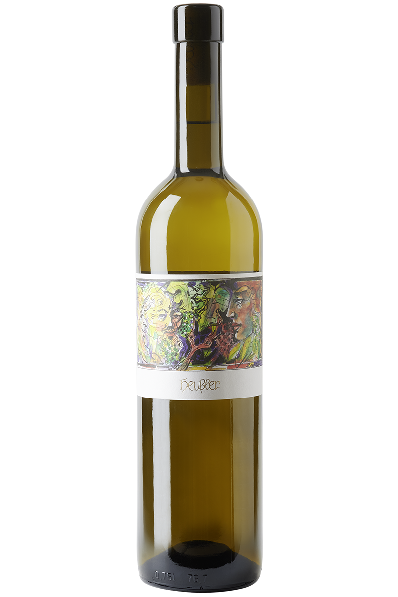 Eine Flasche deutscher Weißwein aus Gelben Muskateller in einer Bordeaux Flasche ohne Kapsel.