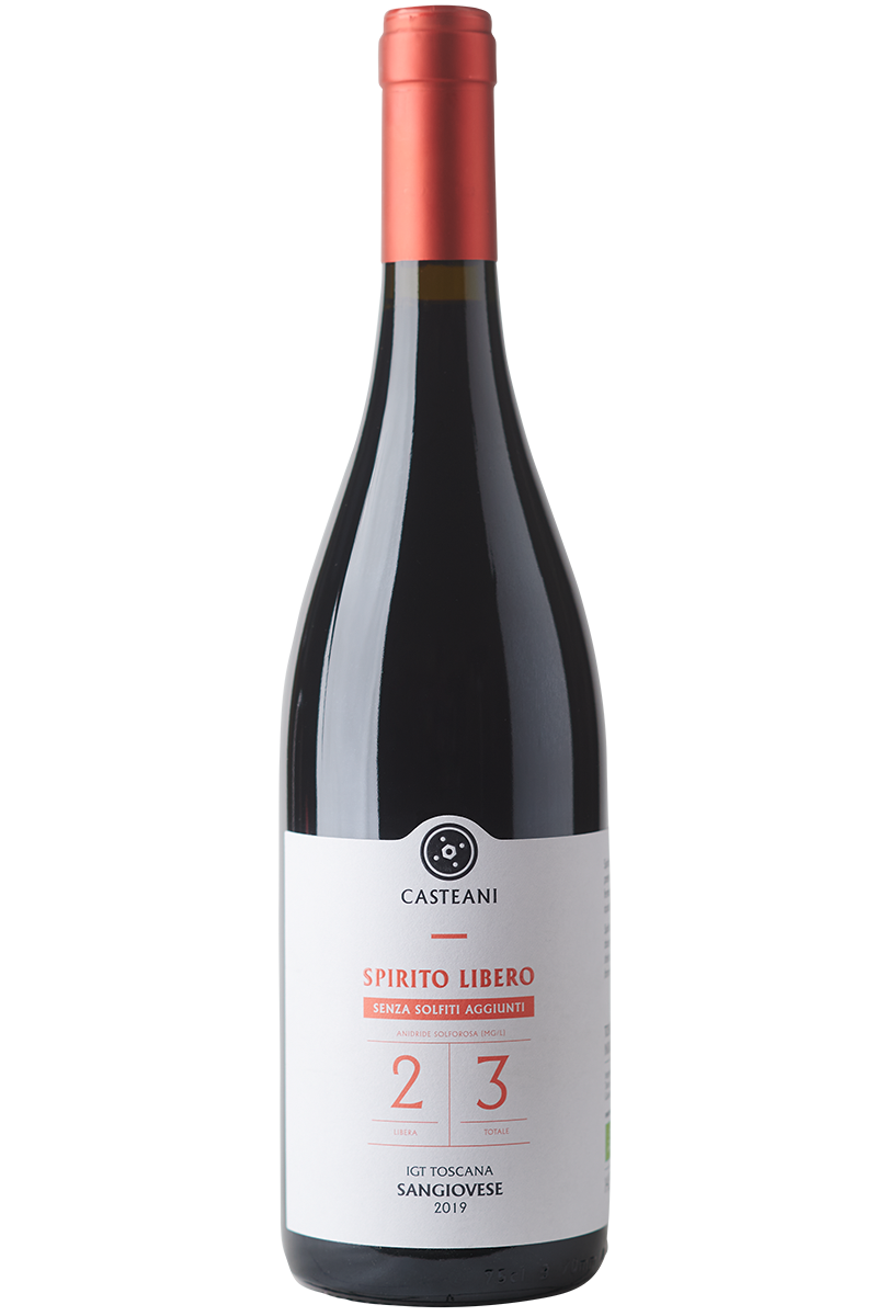 Eine Flasche italienischer Bio Rotwein aus Sangiovese in einer Burgunder Flasche mit einer roten Kapsel.