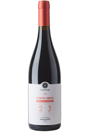 Eine Flasche italienischer Bio Rotwein aus Sangiovese in einer Burgunder Flasche mit einer roten Kapsel.