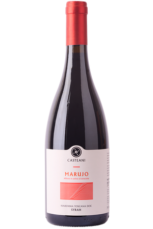 Eine Flasche italienischer Rotwein aus der Maremma in einer Burgunder Flasche mit einer roten Kapsel.