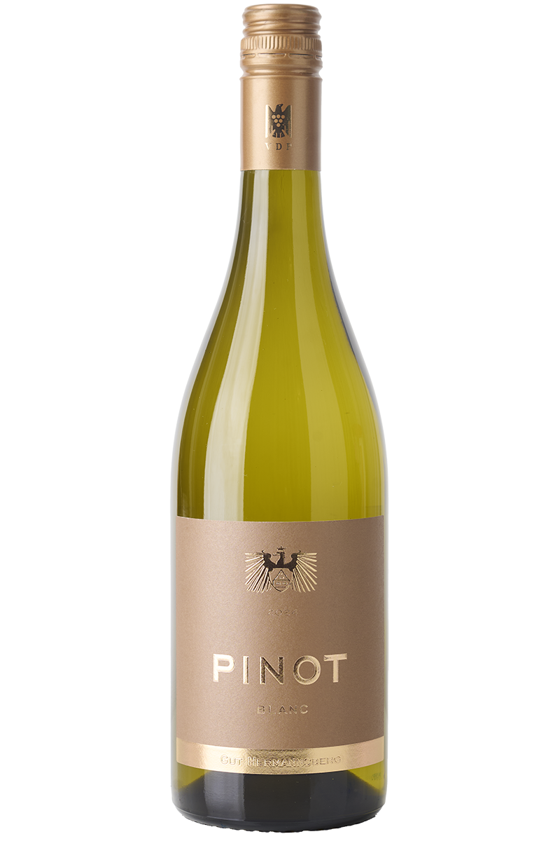 Eine Flasche deutscher Weisswein in einer Burgunder Flasche mit Kupfer farbenen Schraubverschluss.