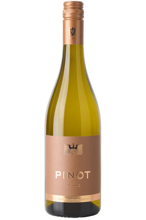 Eine Flasche deutscher Weisswein in einer Burgunder Flasche mit Kupfer farbenen Schraubverschluss.