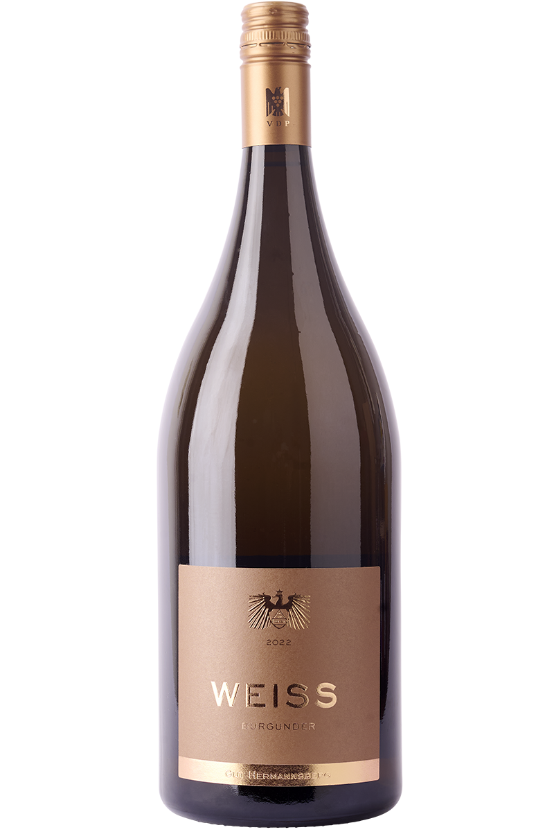 Eine Flasche deutscher Weißwein in einer Burgunder Magnum Flasche mit einer Kupfer farbenen Schraubverschluss.