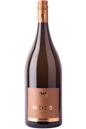 Eine Flasche deutscher Weißwein in einer Burgunder Magnum Flasche mit einer Kupfer farbenen Schraubverschluss.