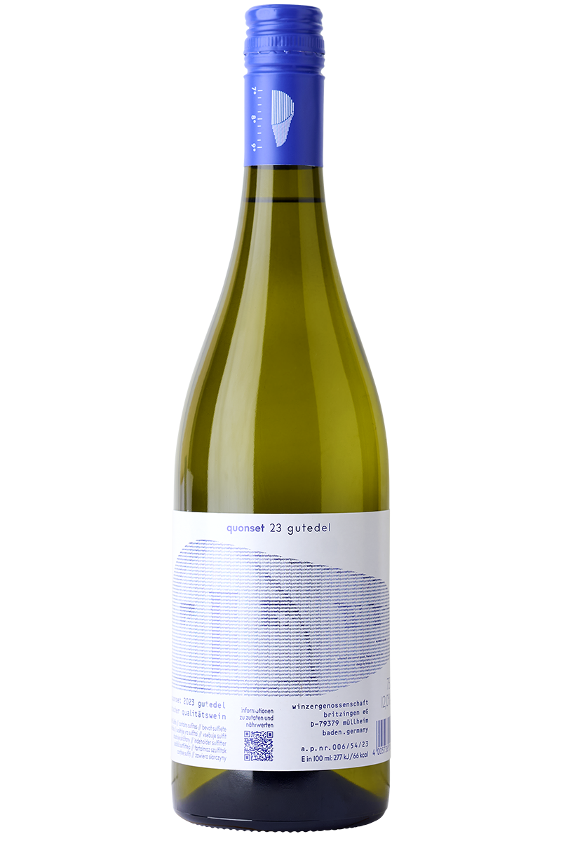 Eine Flasche deutscher Weisswein in einer Burgunder Flasche mit blauem Schraubverschluss.