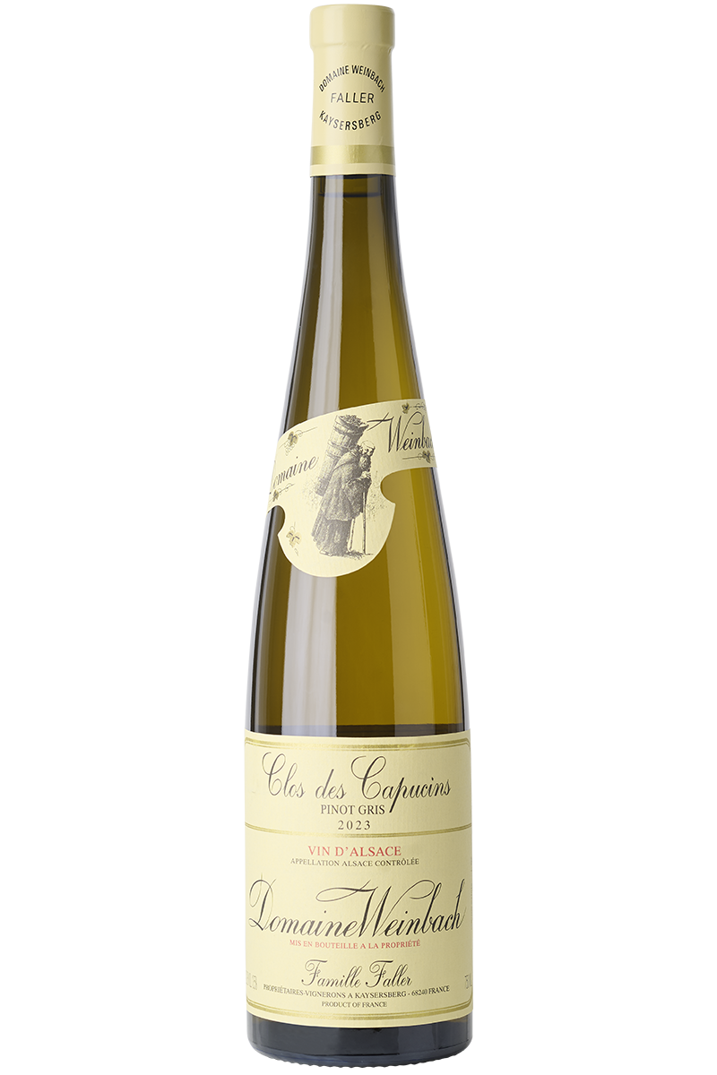 Eine Flasche elsässischer Bio Weißwein aus Grauburgunder Trauben in einer Schlegelflasche mit einer beigen Kapsel.