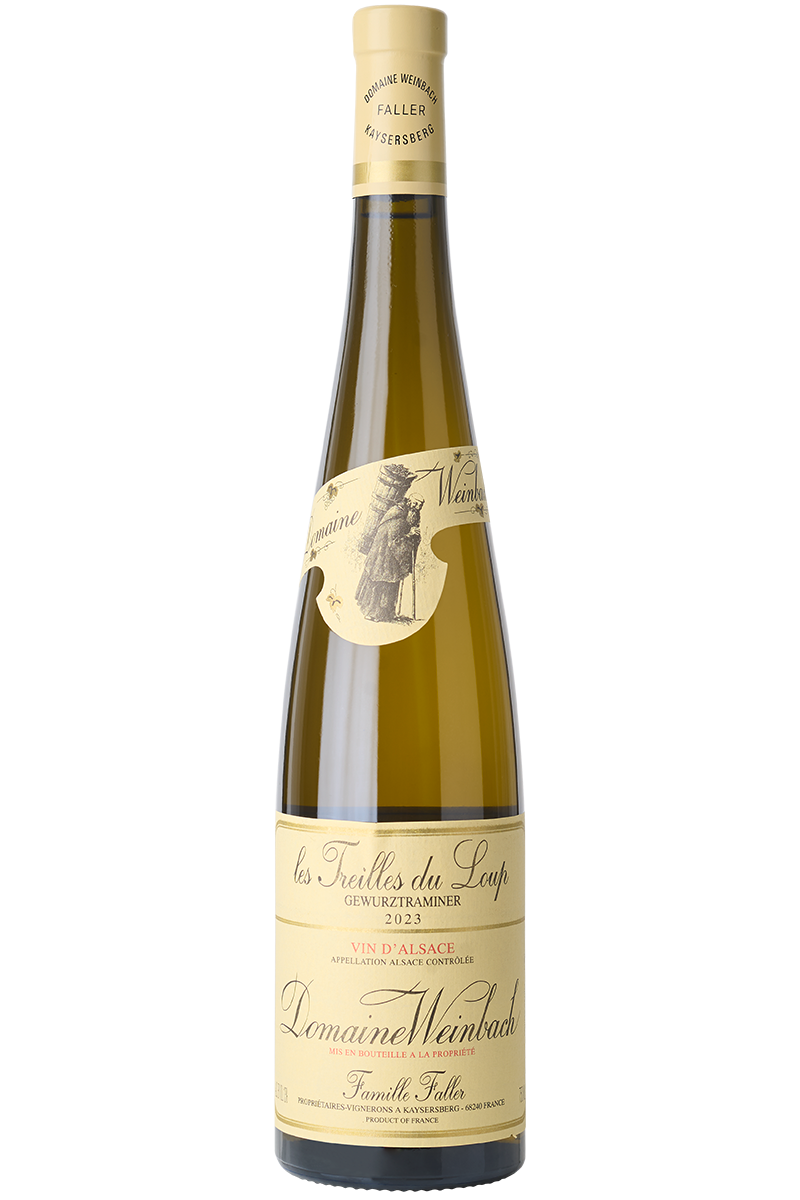 Eine Flasche elsässischer Bio Weißwein aus Gewürztraminer Trauben in einer Schlegelflasche mit einer beigen Kapsel.