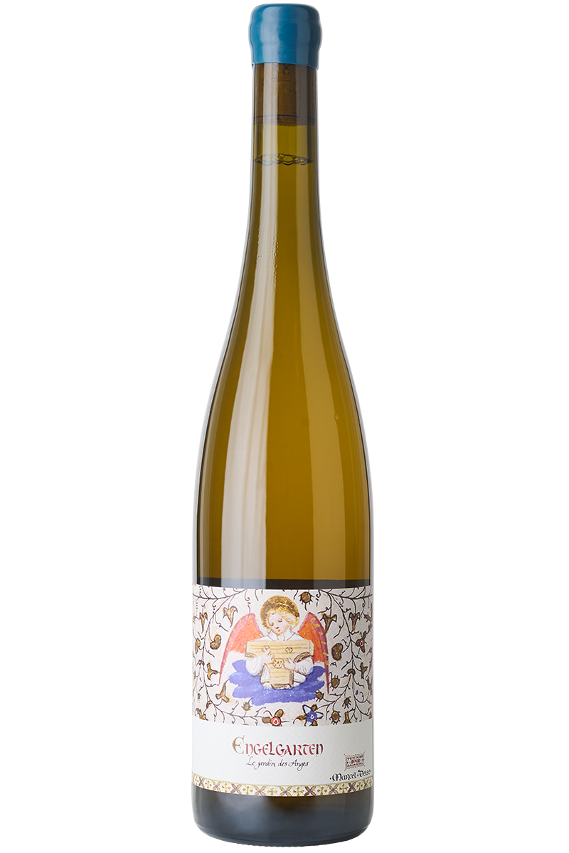 Eine Flasche elsässischer Bio Weisswein aus einem gemischten Satz in einer Schlegelflasche mit einer blauen Wachskappe.