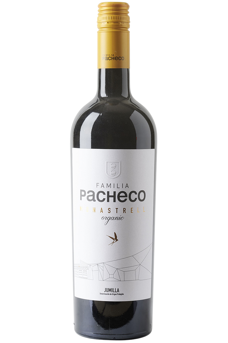 Eine Flasche spanischer Bio Rotwein aus Monastrell in einer Bordeaux Flasche mit einem gelben Schraubverschluss.