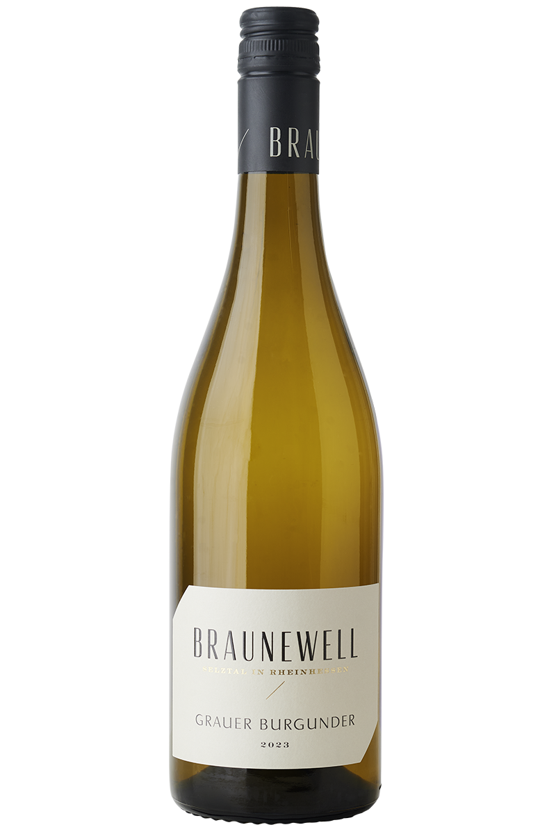 Eine Flasche deutscher Weißwein in einer Burgunderflasche mit einem schwarzen Schraubverschluss.