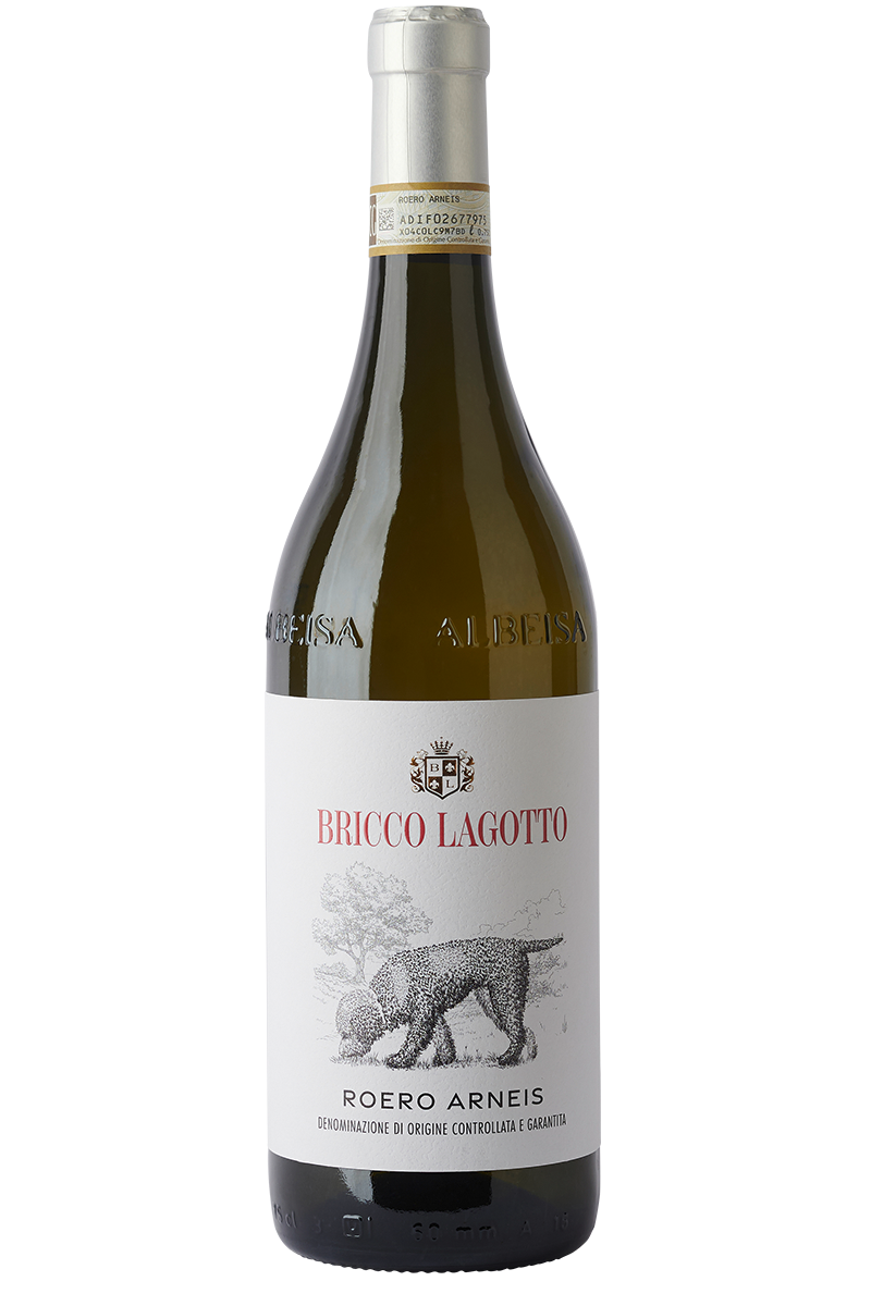 Eine Flasche italienischer Weisswein in einer Burgunder Flasche mit einer silbernen Kapsel.