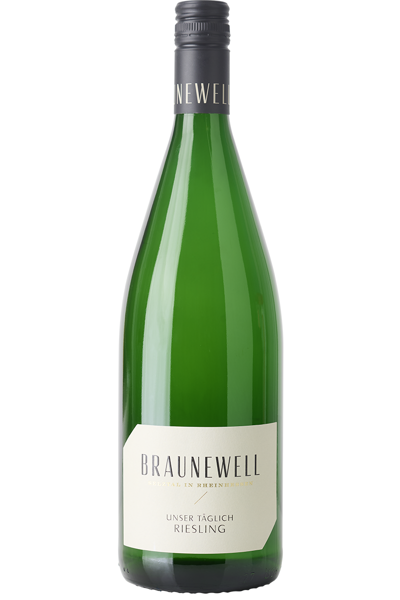 Eine Flasche deutscher Weisswein in einer Liter Flasche mit einem schwarzen  Schraubverschluss.