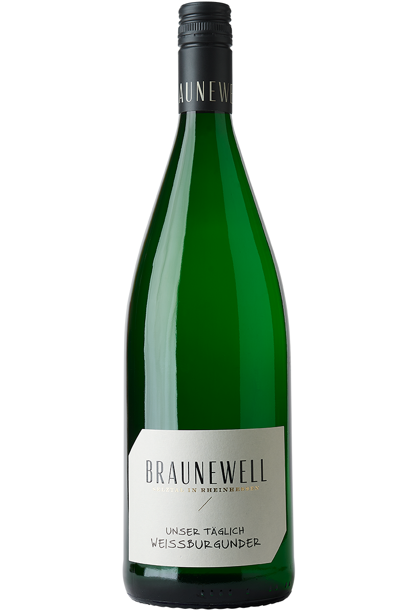 Eine Flasche deutscher Weisswein aus Weissburgunder in einer Literflasche mit schwarzem Schraubverschluss.