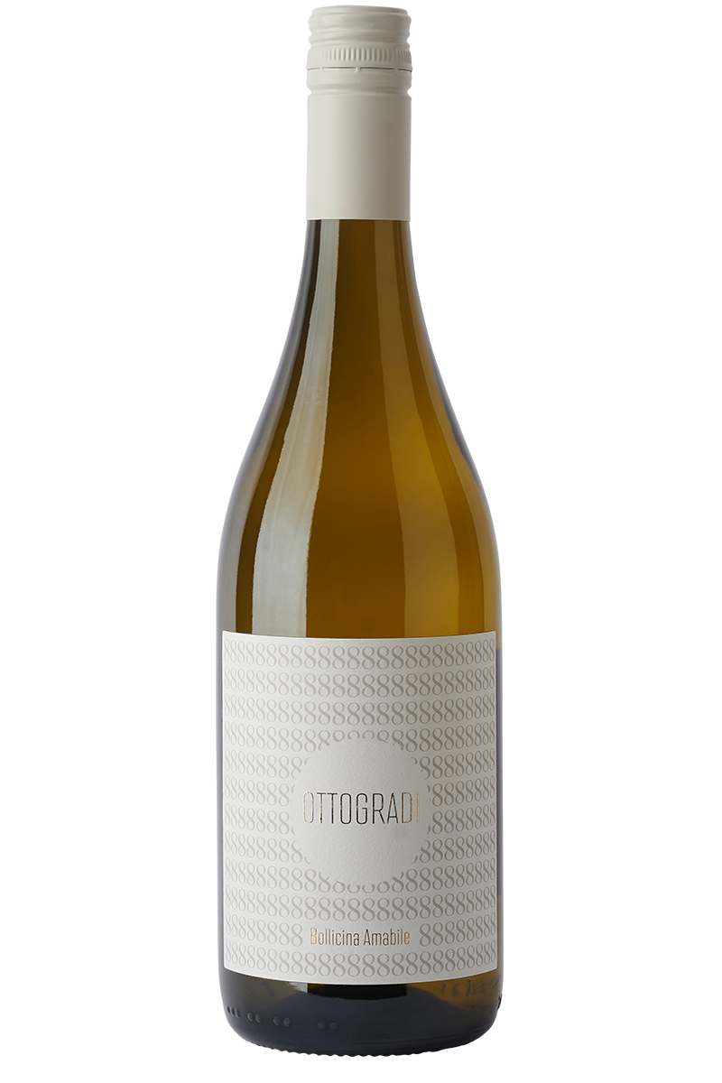 Eine Flasche italienischer Vino Frizzante in einer Burgunder Flasche mit einem weissen Schraubverschluss.