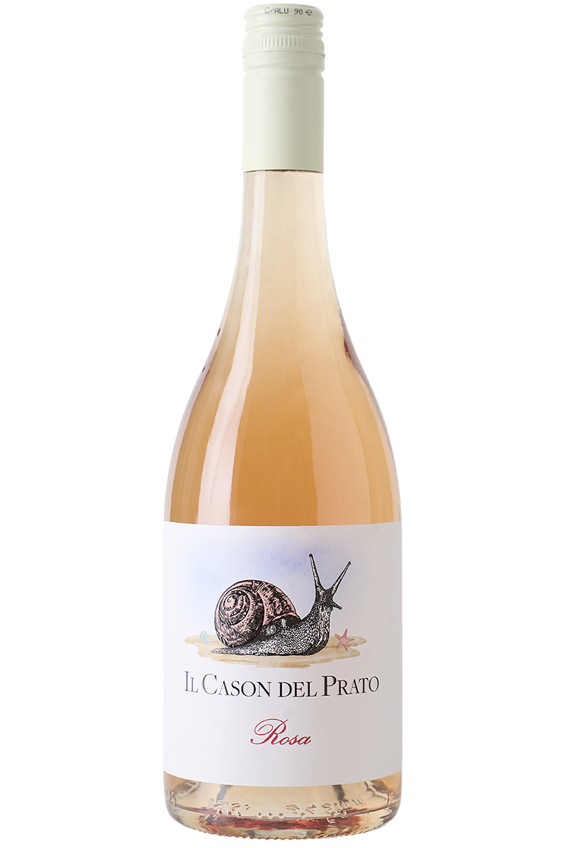 Eine Flasche italienischer Rosé Wein in einer Burgunder Flasche mit weissem Schraubverschluss.
