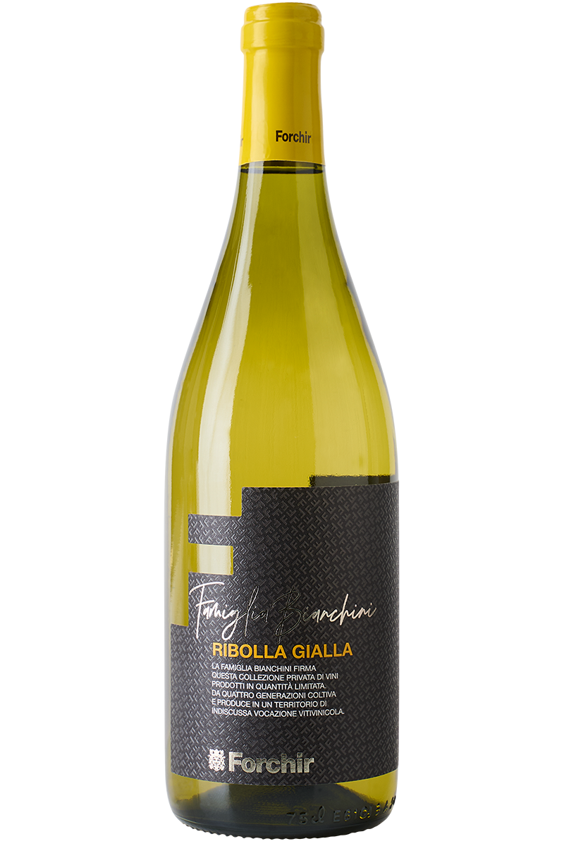 Eine Flasche italienischer Weisswein in einer Burgunder Flasche mit gelber Kapsel.