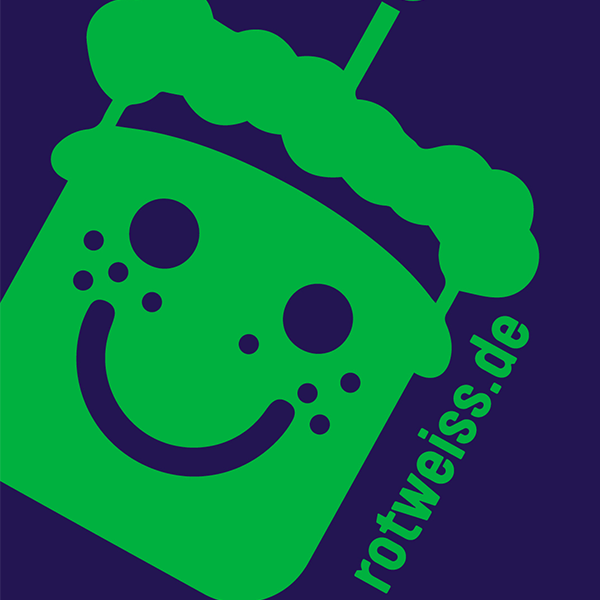 The happy green emoji on a field of blue.