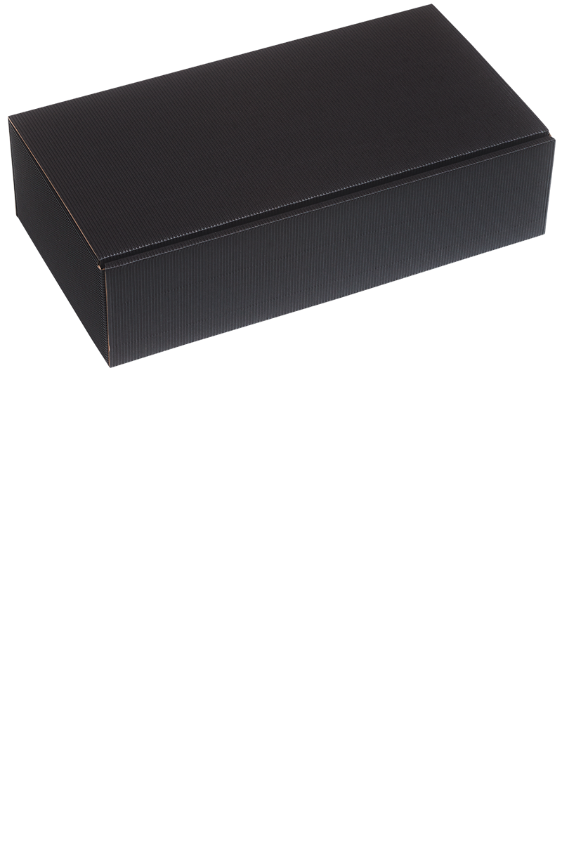 Eine versandfertige schwarze Präsentbox für zwei Flaschen.