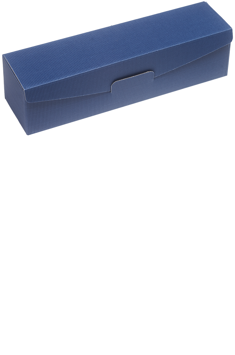 Eine versandfertige blaue Präsentbox für eine Flasche.
