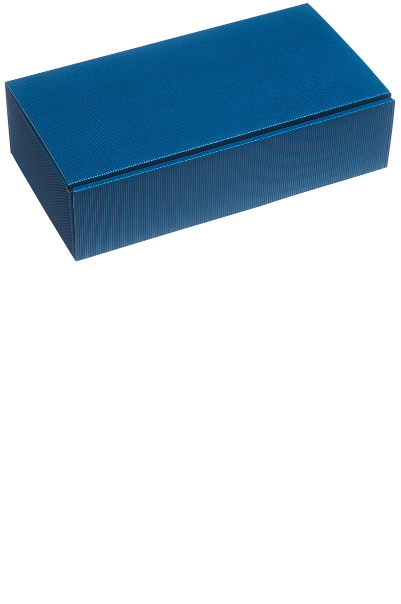 Eine versandfertige blaue Präsentbox für zwei Flaschen.