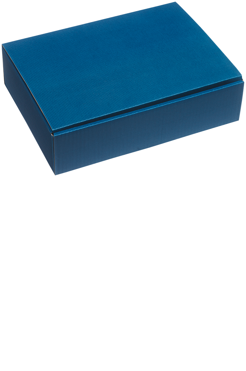 Eine versandfertige blaue Präsentbox für drei Flaschen.