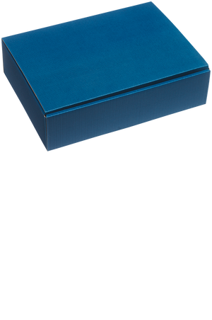 Eine versandfertige blaue Präsentbox für drei Flaschen.