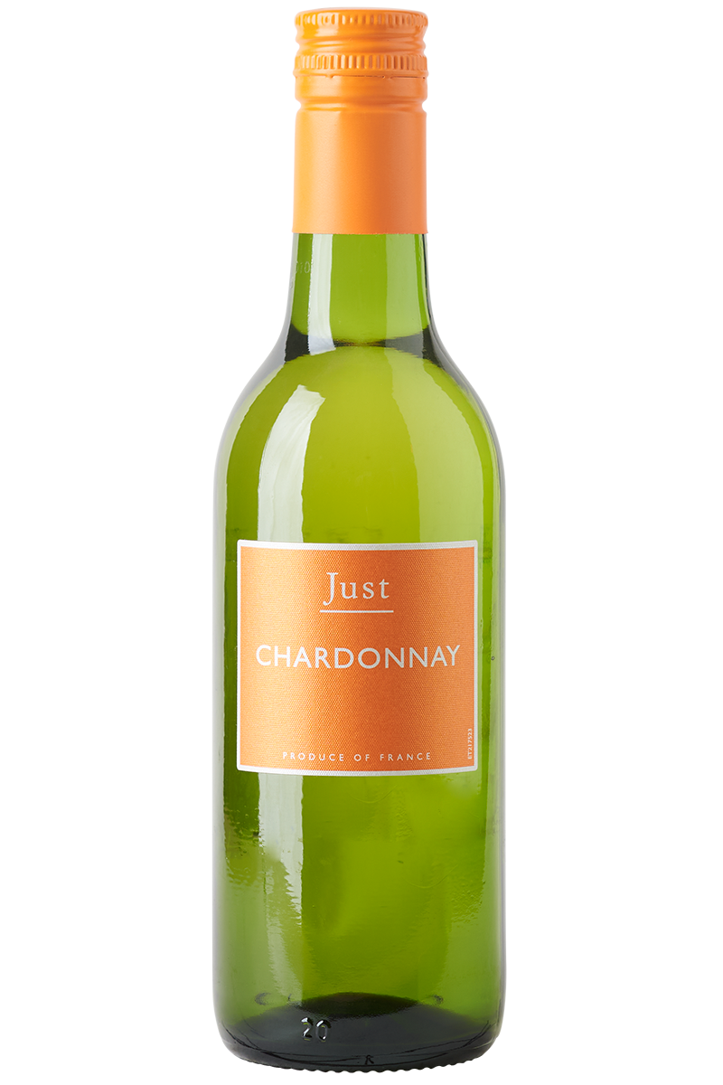 Eine Flasche Weißwein in einer kleinen Bordeaux-Flasche mit einem orangefarbenen Schraubverschluss.