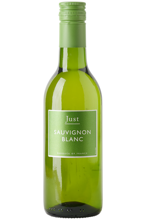 Eine Flasche Weißwein in einer kleinen Bordeaux-Flasche mit einem grünen Schraubverschluss.