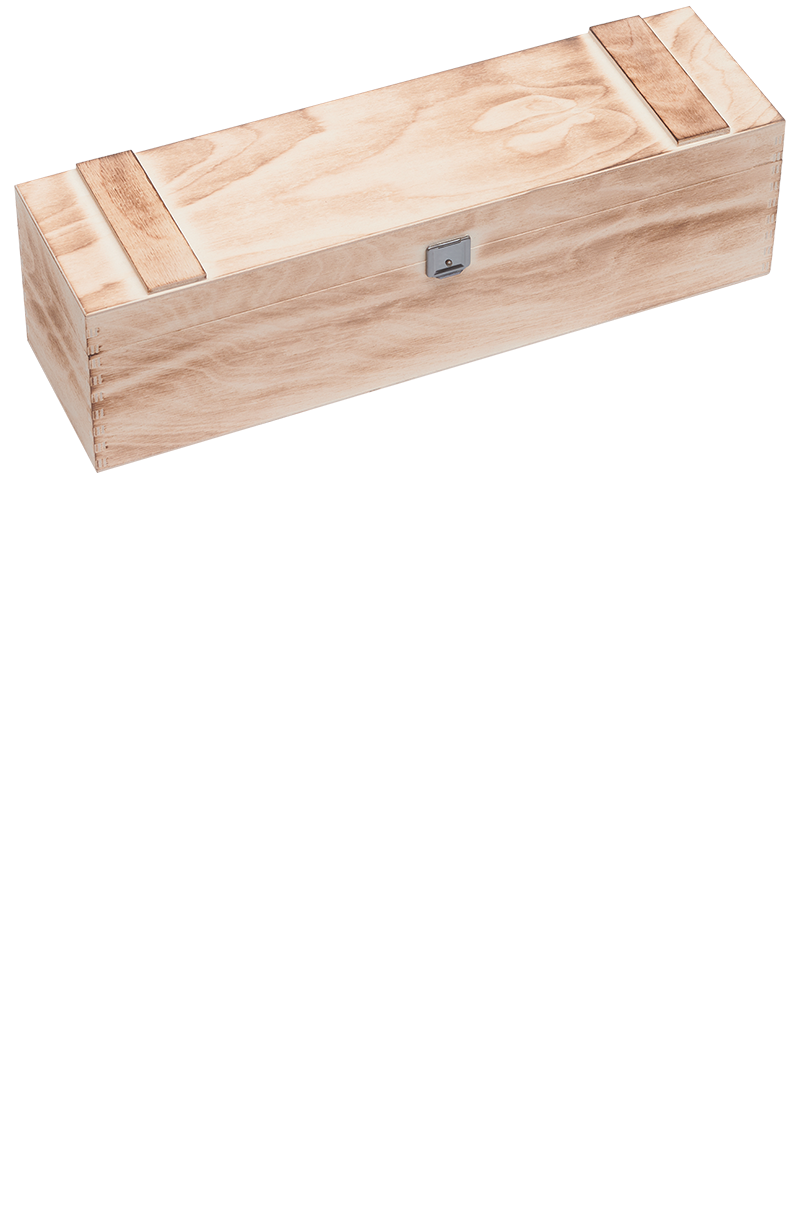 Eine versandfähige Holzkiste geflammt mit Holzwolle für eine Flasche.