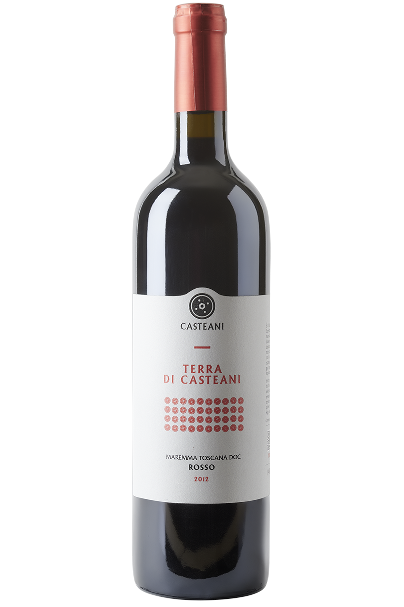 Eine Flasche italienischer Rotwein in einer Bordeaux-Flasche mit einer roten Kapsel.