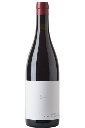 Eine Flasche (Bio-) Rotwein aus Pinot Noir Reben in einer Burgunderflasche mit einer roten Kapsel.