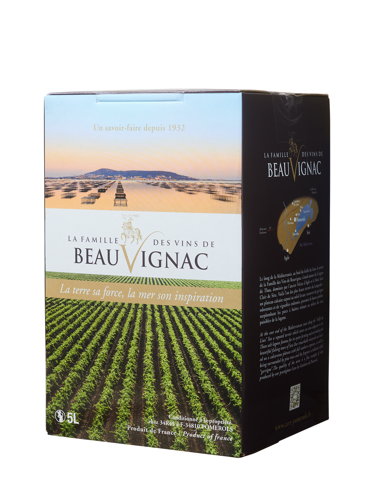 Eine franzoesicher Rotwein in einem 5 Liter Bag in Box Karton braun und weiß farbig.