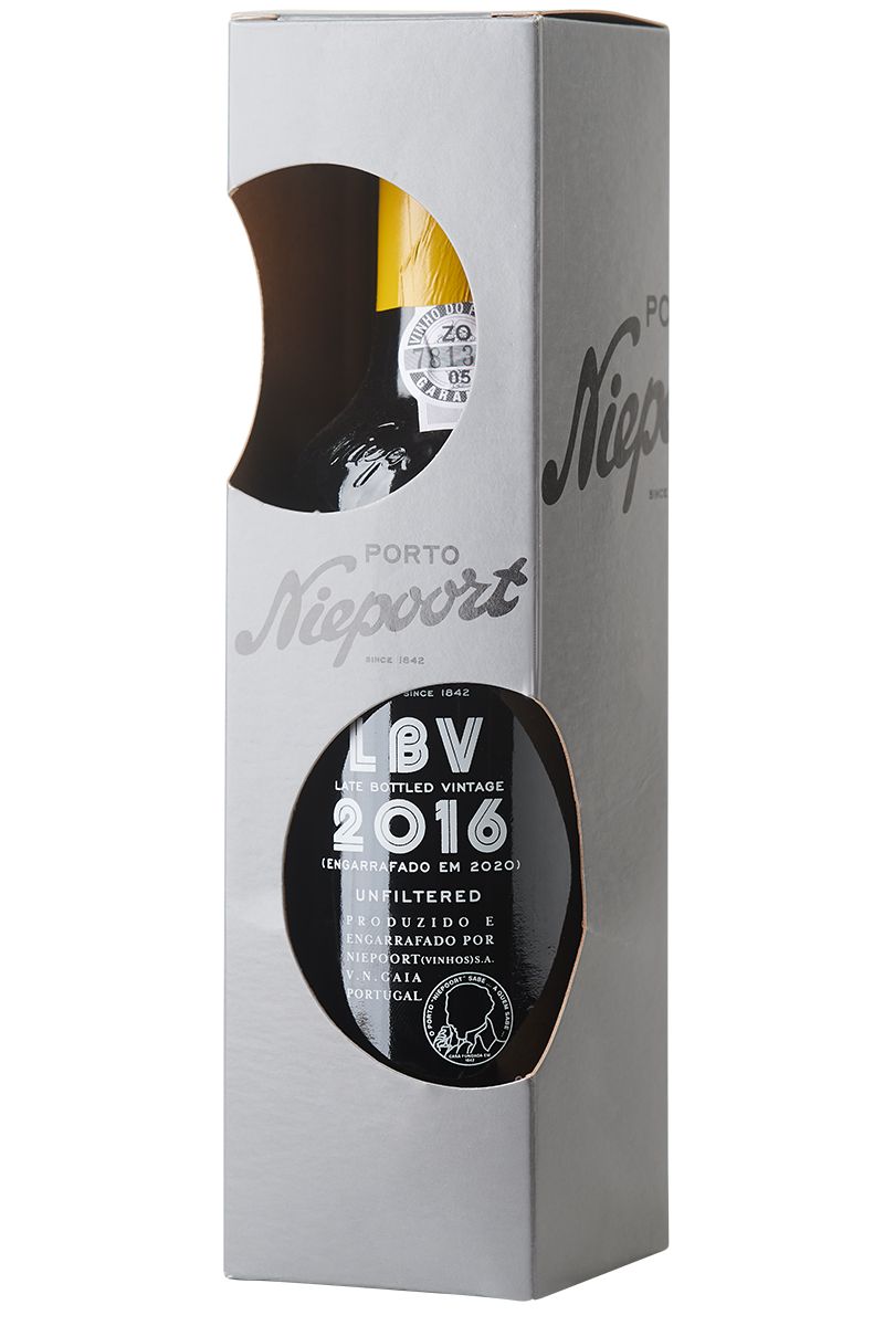 Eine Flasche roter LBV Portwein in einer Portwein Halbflasche mit einer gelben Kapsel.