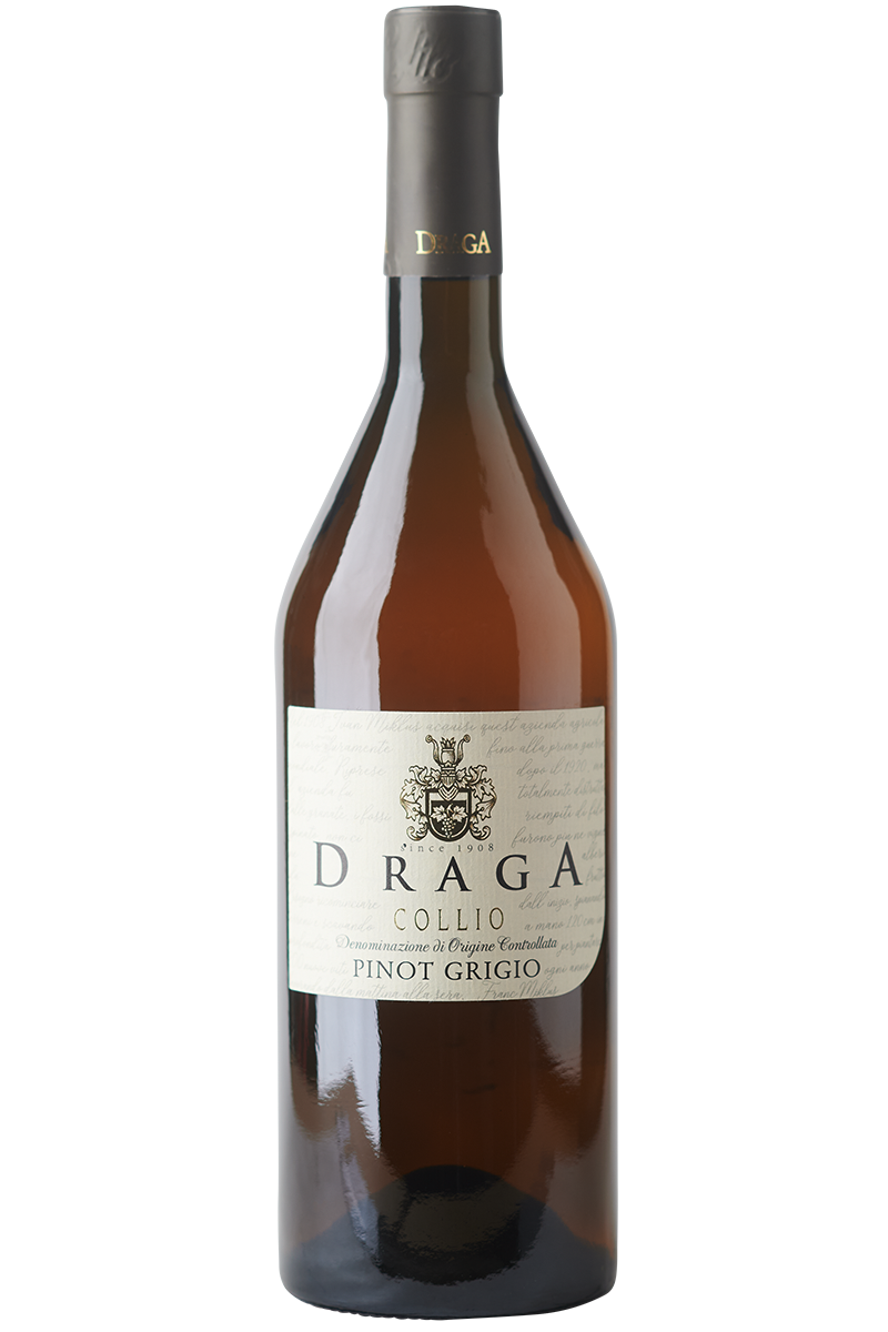 Eine Flasche italienischer Weißwein aus Pinot Grigio Trauben in einer Burgunder Flasche mit einer braunen Kapsel.