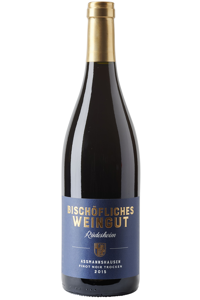 Eine Flasche Rotwein aus Spätburgunder in einer Burgunderflasche mit einer goldenen Kapsel.