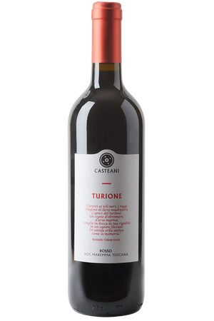 Eine Flasche italienischer Rotwein in einer Bordeaux Flasche mit einer roten Kapsel.