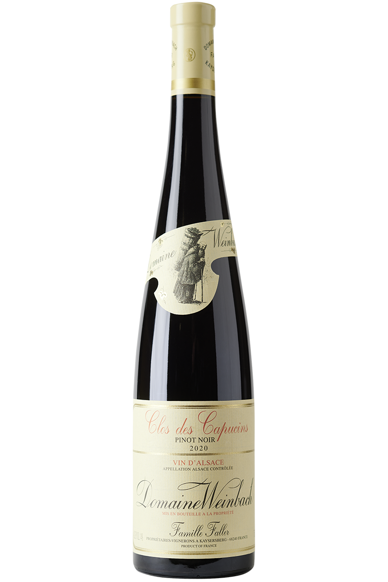 Eine Flasche elsässischer Bio Rotwein aus Pinot Noir Trauben in einer Schlegelflasche mit einer beigen farbenen Kapsel.
