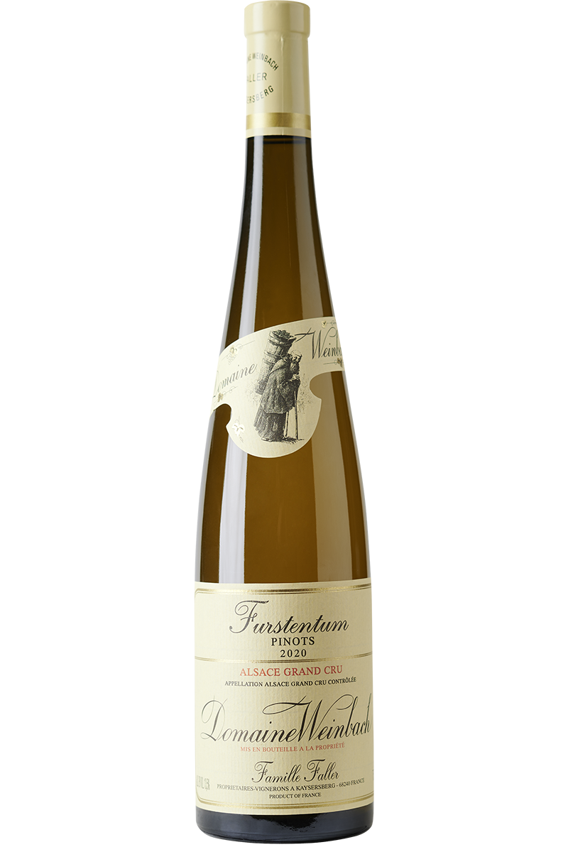 Eine Flasche elsässischer Bio Weißwein aus Pinot-Auxerrois, Grau- und Weissburgunder Trauben in einer Schlegelflasche mit einer beigen Kapsel.