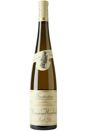 Eine Flasche elsässischer Bio Weißwein aus Gewurztraminer Trauben in einer Schlegelflasche mit einer beigen Kapsel.
