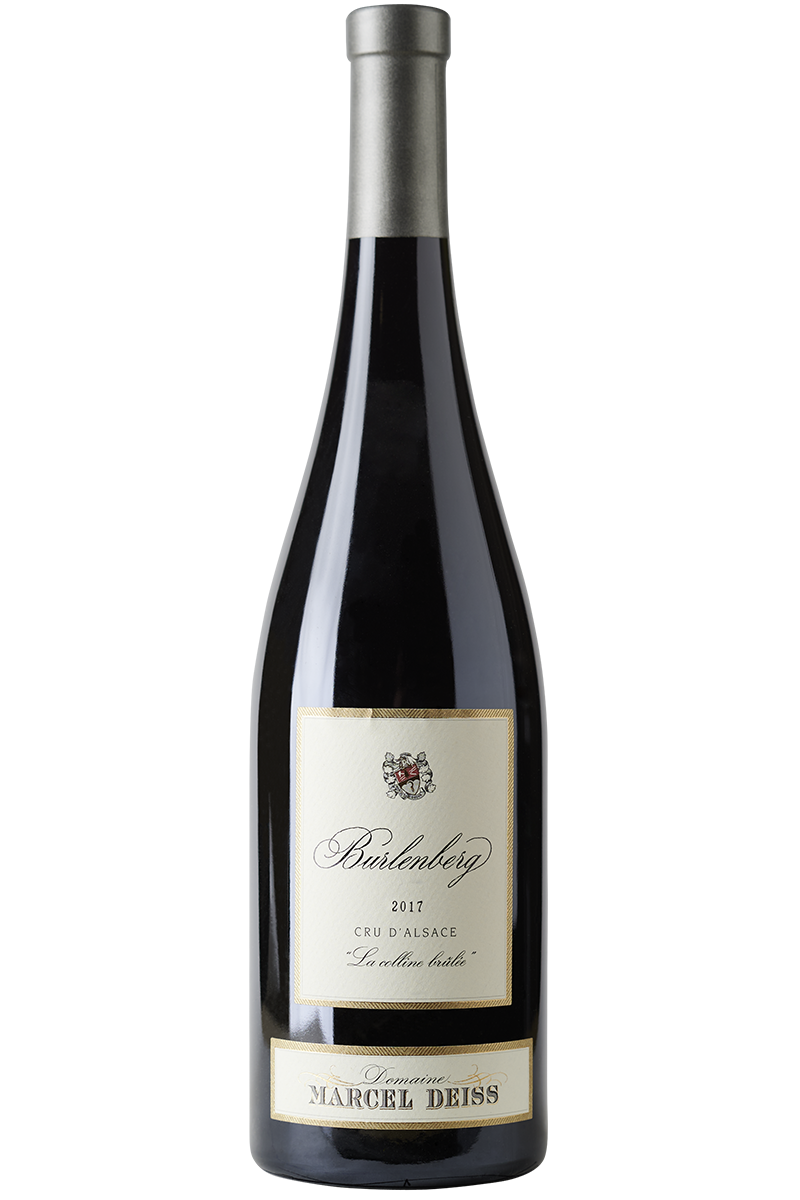 Eine Flasche elsässischer Bio Rotwein aus Pinot Noir und Pinot Beurot Trauben in einer Burgunder Flasche mit einer braunen Kapsel.