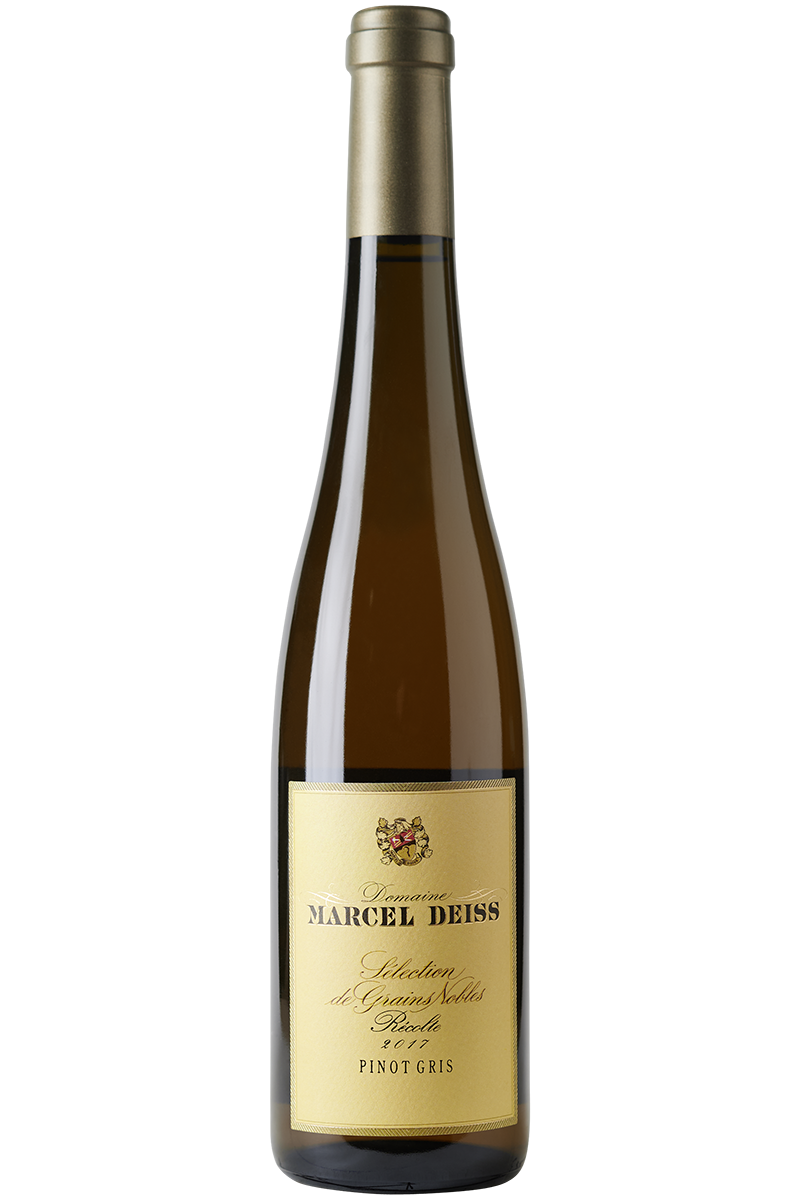 Eine Flasche elsässischer Bio Weißwein aus Grauburgunder in einer kleinen Schlegelflasche mit einer braunen Kapsel.