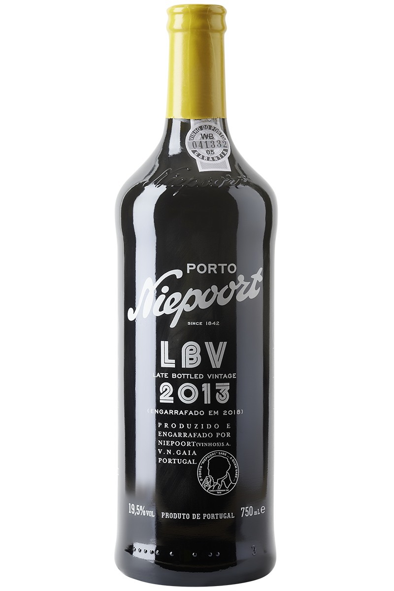 Eine Flasche roter LBV Portwein in einer Portweinflasche mit einer gelben Kapsel.